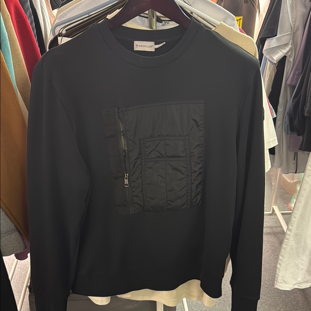 Moncler Black Crewneck Sweater with Front Zip Pocket